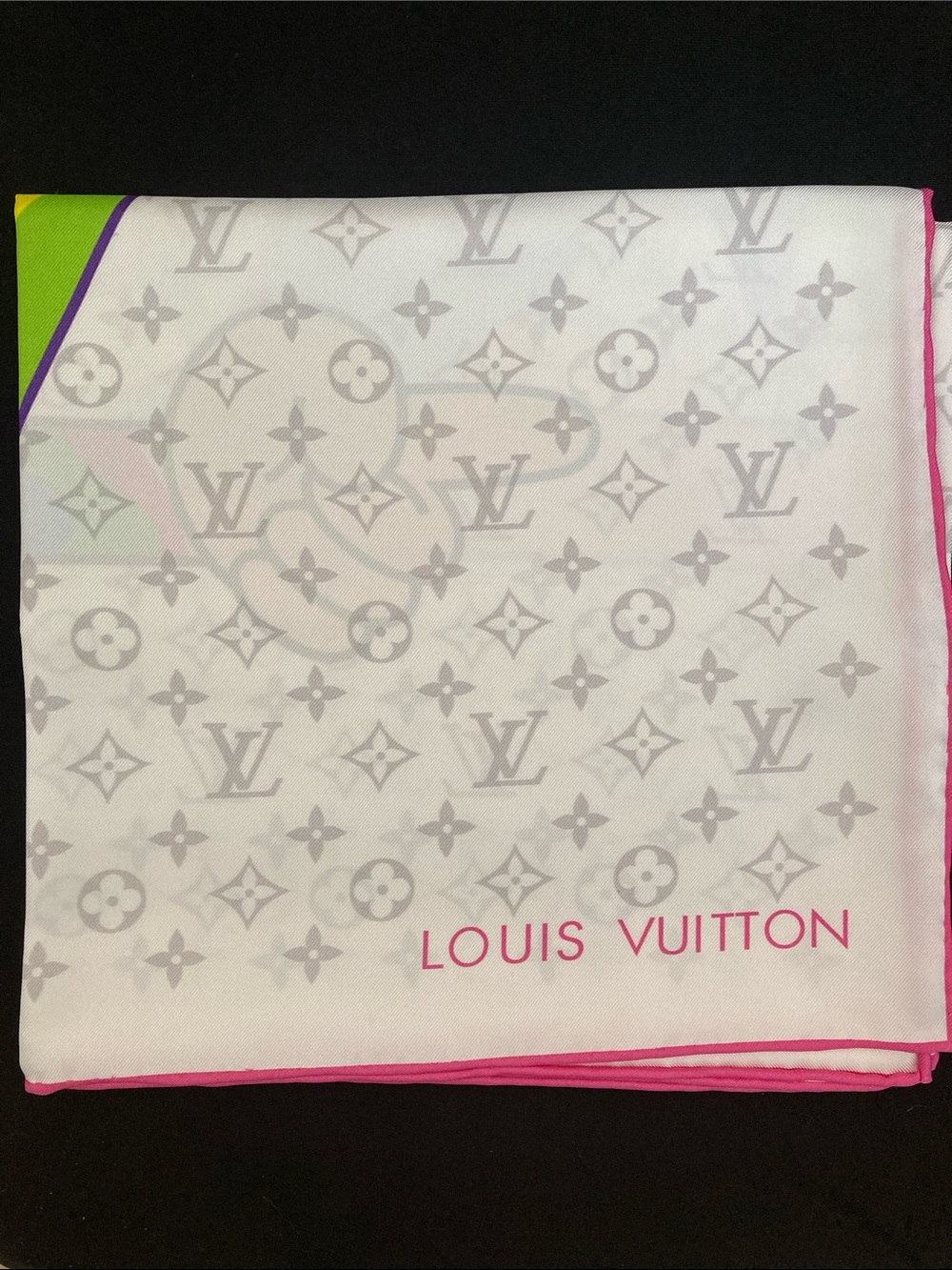 Louis Vuitton White Scarf with Pink Trim and Gray Monogram
